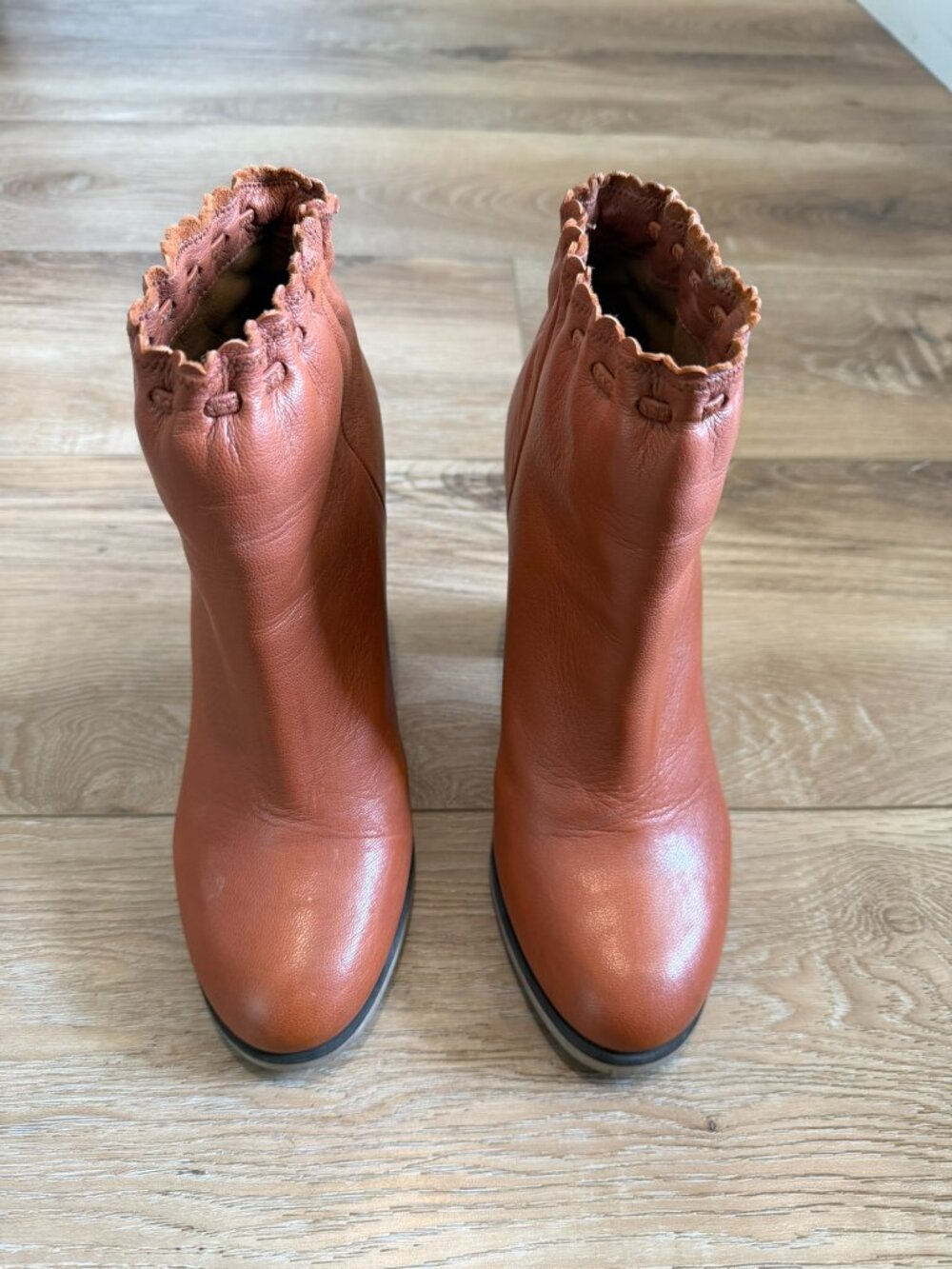 See by Chloé Scalloped Leather Ankle Boots - Cognac Brown - Size 39.5 / US 9.5 -